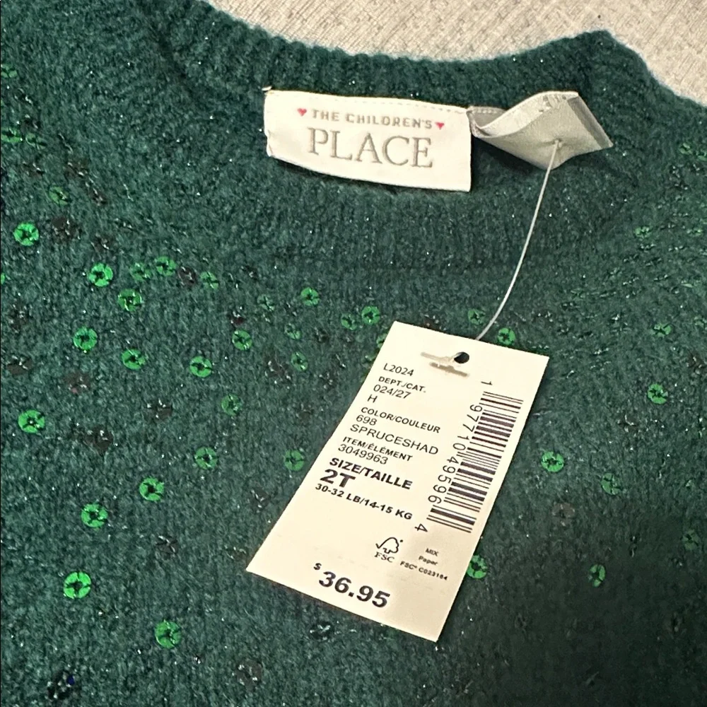 NWT Children's Place Girls Green Sequin Sweater Dress 2T Holiday